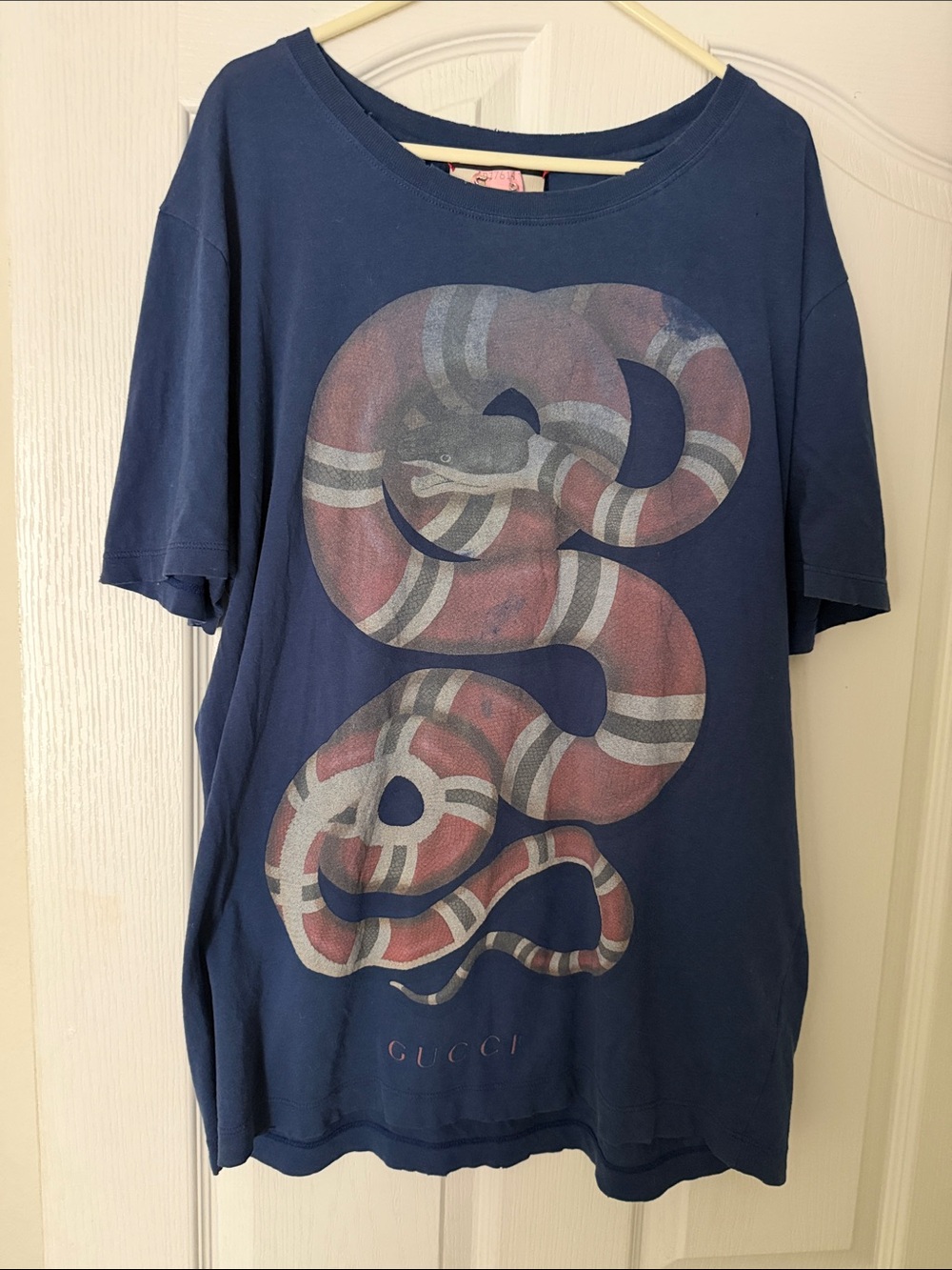 Gucci Navy Tee with Red, White & Gray Striped Snake Graphic